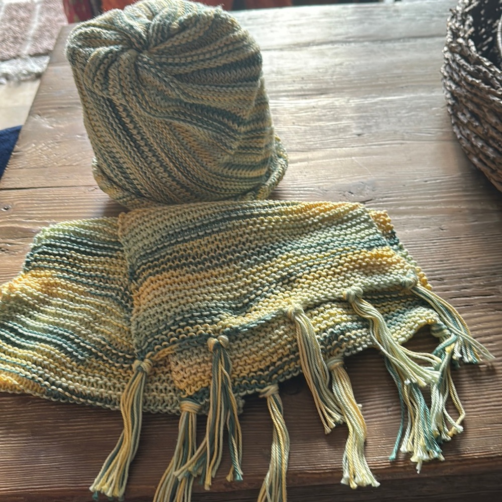 HANDMADE Knit Scarf & Beanie Hat Set Multicolor Blue Green Yellow Fringe